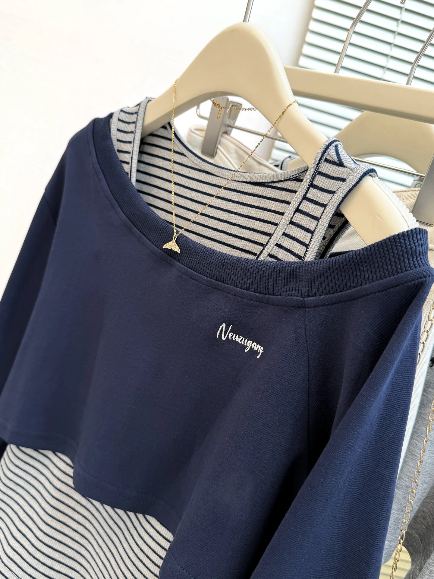 Womens Striped Sweatshirt Floral Gray Sloping Shoulder