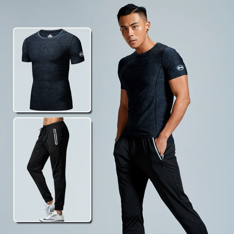 Men Fitness Set Short Sleeves Pants Quick Dry