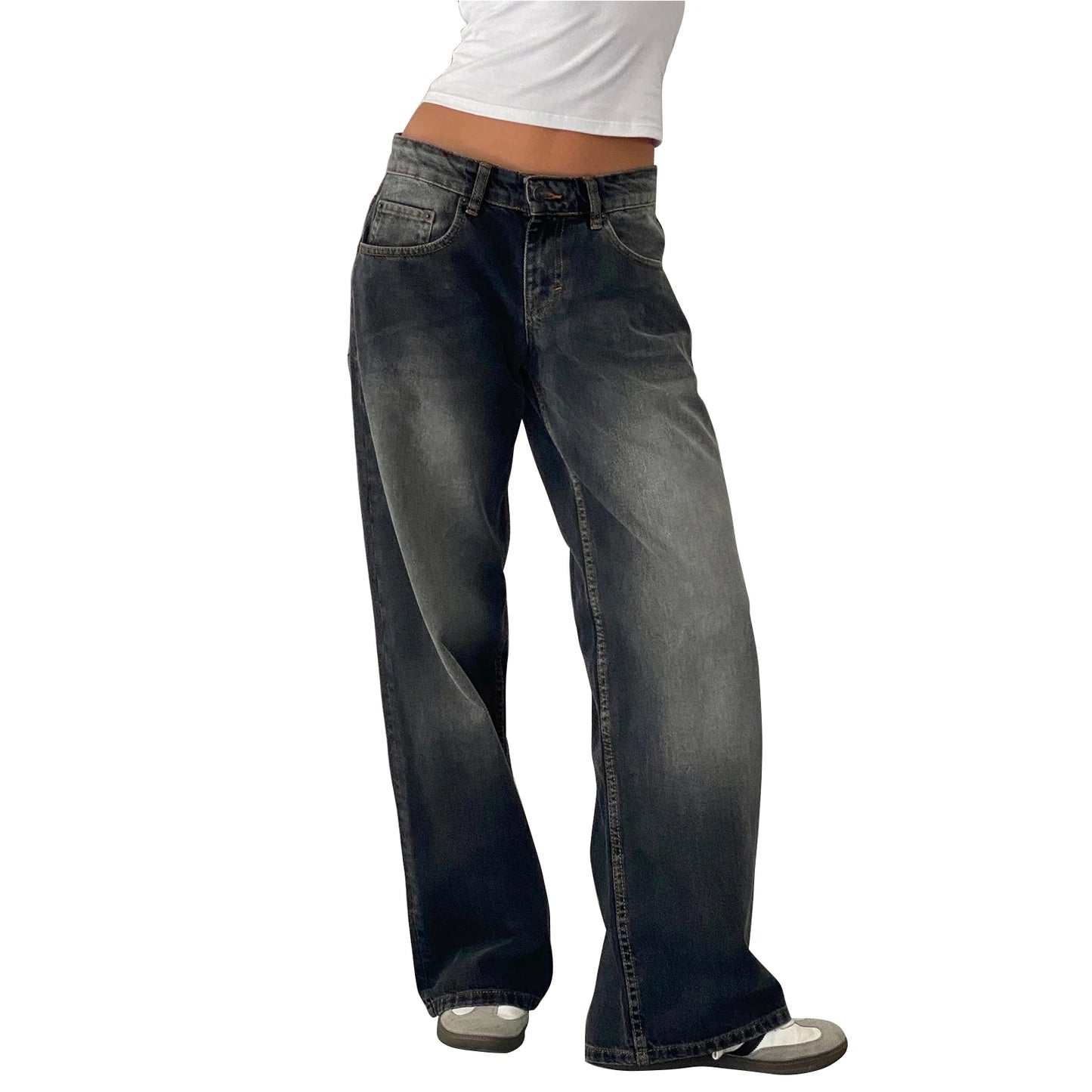 Women's versatile jeans, aesthetic solid color low rise