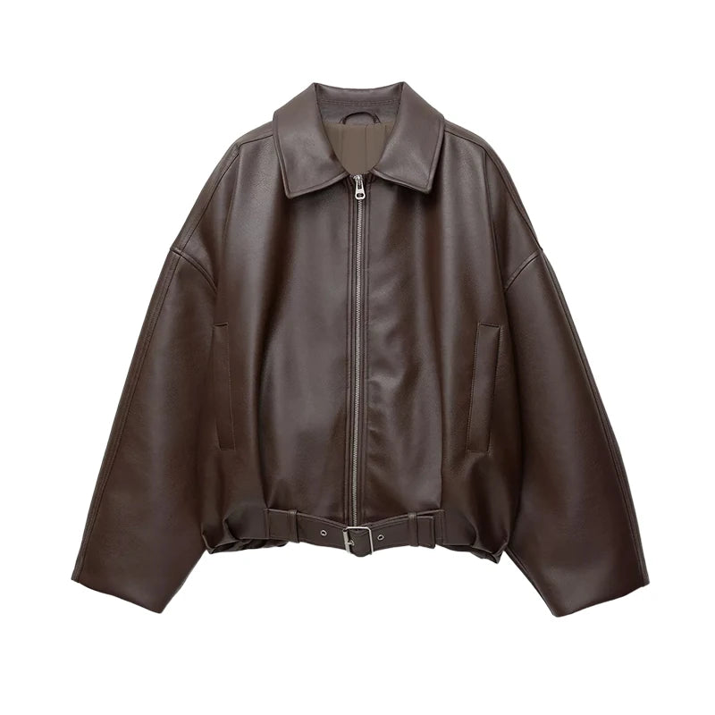 Vintage Leather Bomber Jackets Zipper Lapel Long Sleeve Pocket Coat With Belt