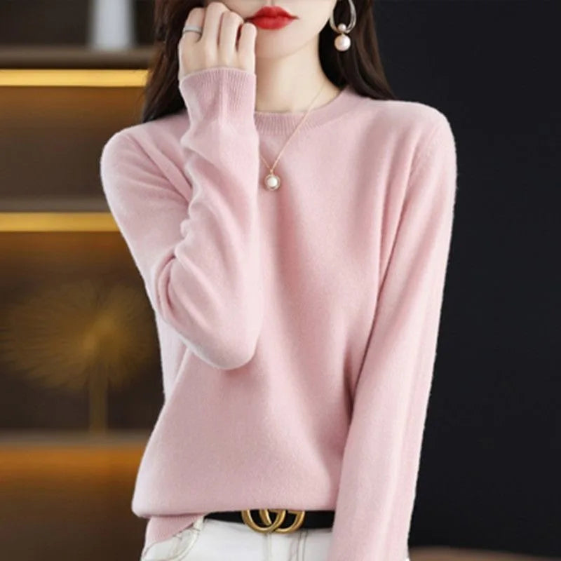 Women Sweater O-neck Long-sleeved Solid Knitwear Bottoming Shirt