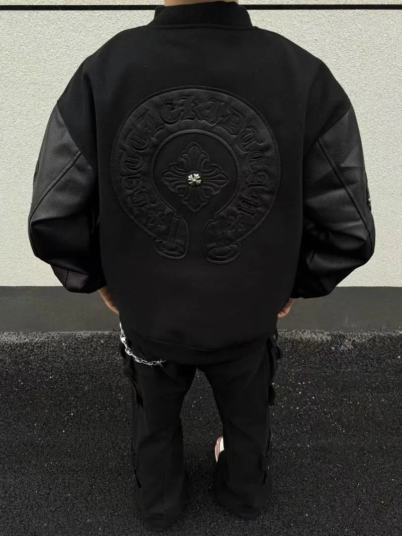 High Street Embroidered Bomber Jacket Men Spliced PU Leather