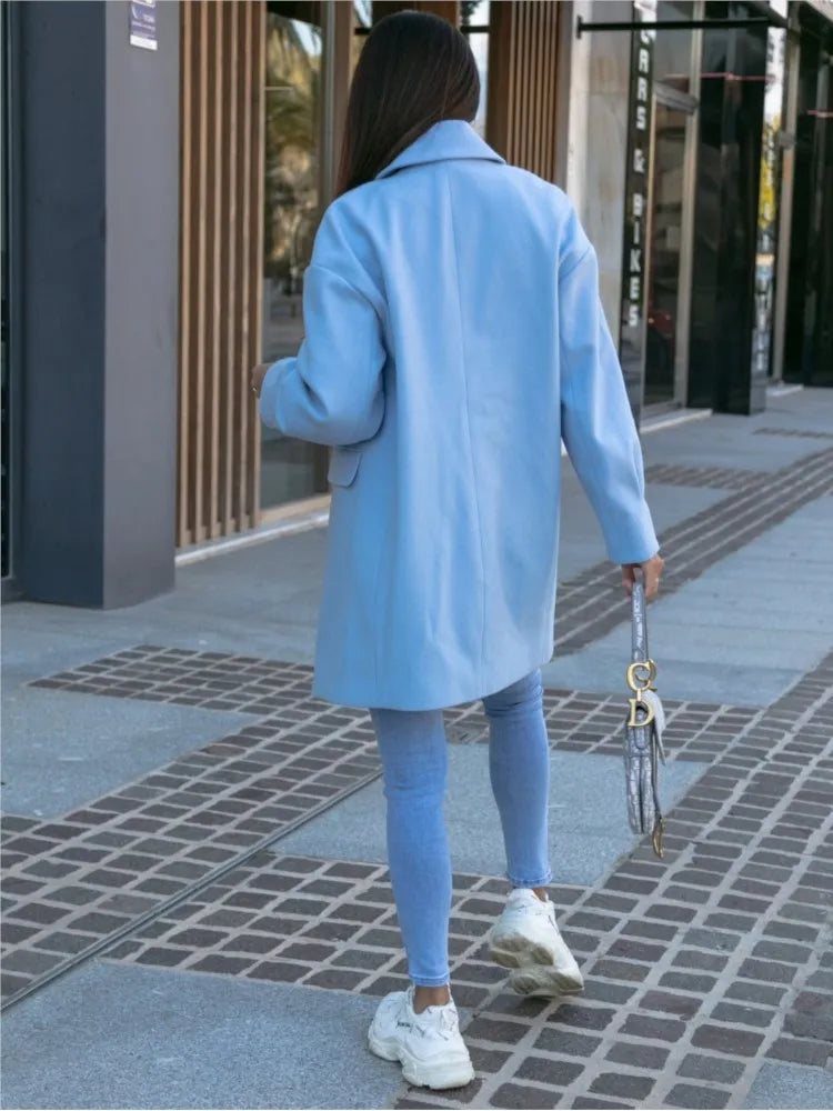 Blue Long Sleeve Fashion Casual Ladies Coats