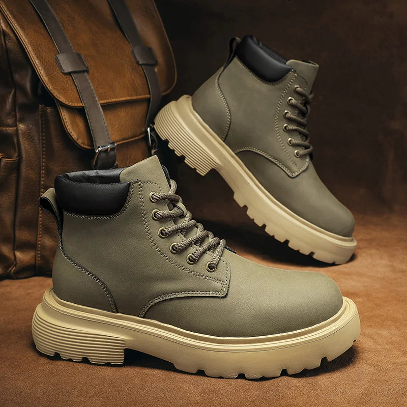 Men High Top Boots Leather Shoes Warm Outdoor Sneakers Lace Up Non-Slip Ankle Boots