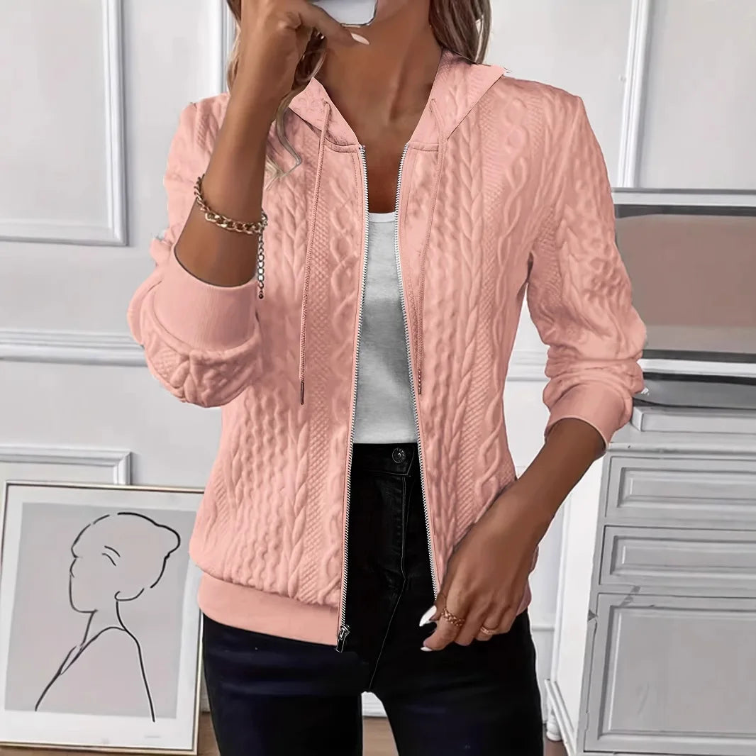 Women's Zipper Hooded Sweatshirt Waist-Cinching Regular Sleeve