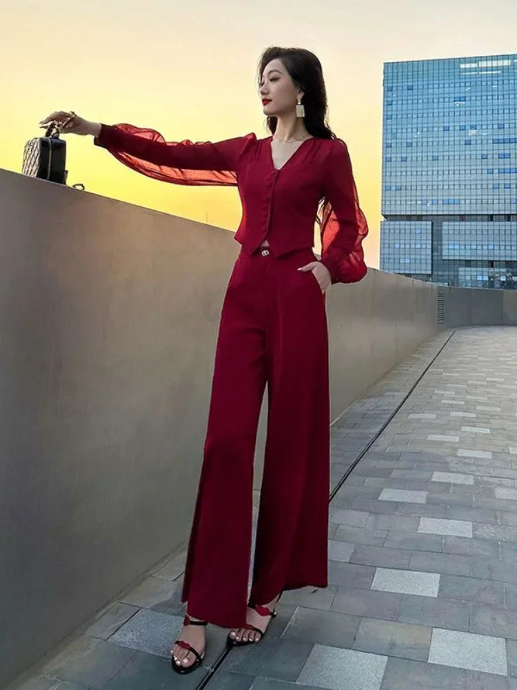 Women 2 Pieces Red Sexy Holiday Outfits Trousers Woman Spring Autumn Shirt Blouse and Clothing Sales Luxury Full D