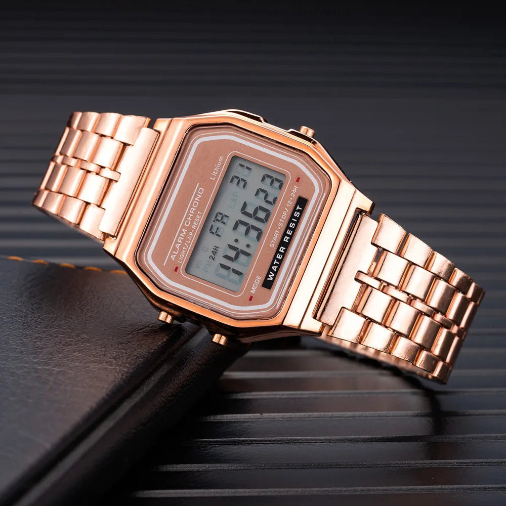 Elegant Digital Watch For Women Gold Silver Stainless Steel