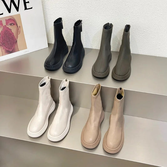 thick-soled boots for women, fashionable and casual leather boots