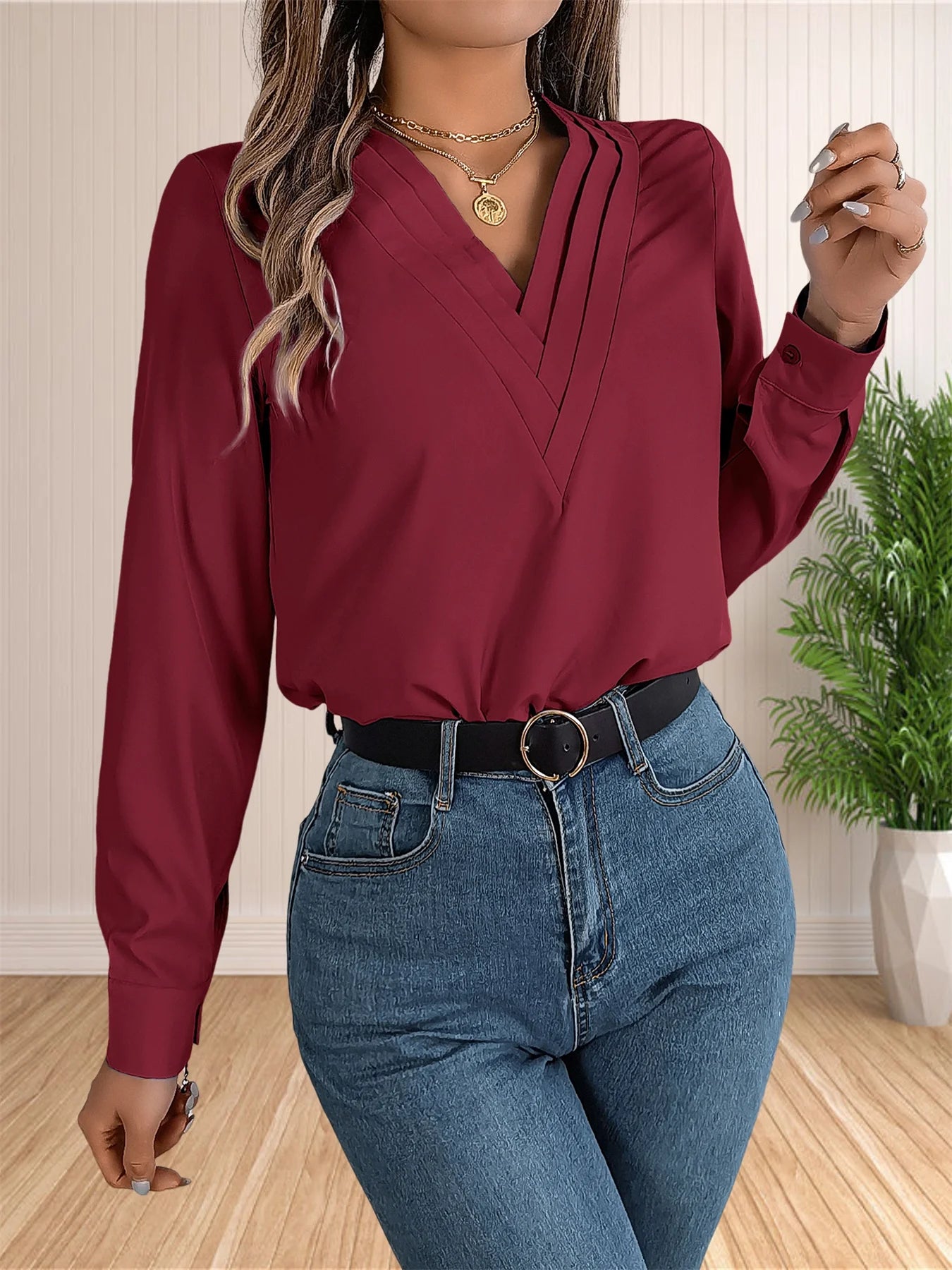 Business Office Blouse Layered V Neck Long Sleeve