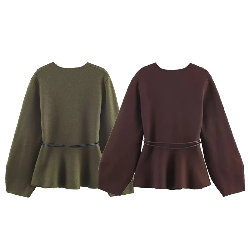V Neck Tie Waist And Flared Hem Knitwear Top