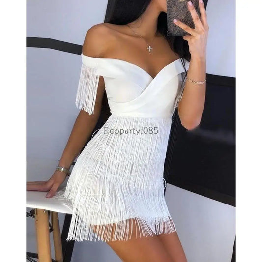 Sexy Big V Neck One-shoulder Fringed Skirt Ladies Slim Short Sleeve Dress