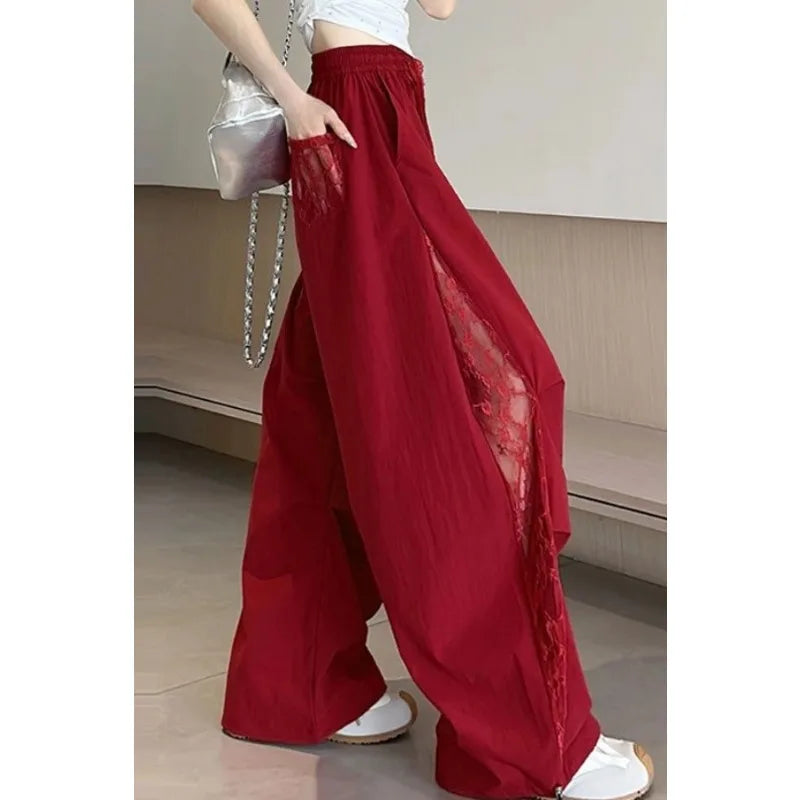 Wide Leg Pants  with Lace Side Panels Elastic Waist