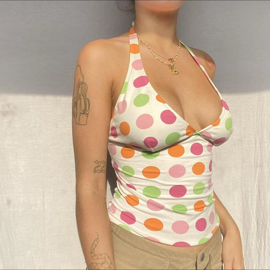 Women Tank Tops Dot Print Tie-Up Halter Neck