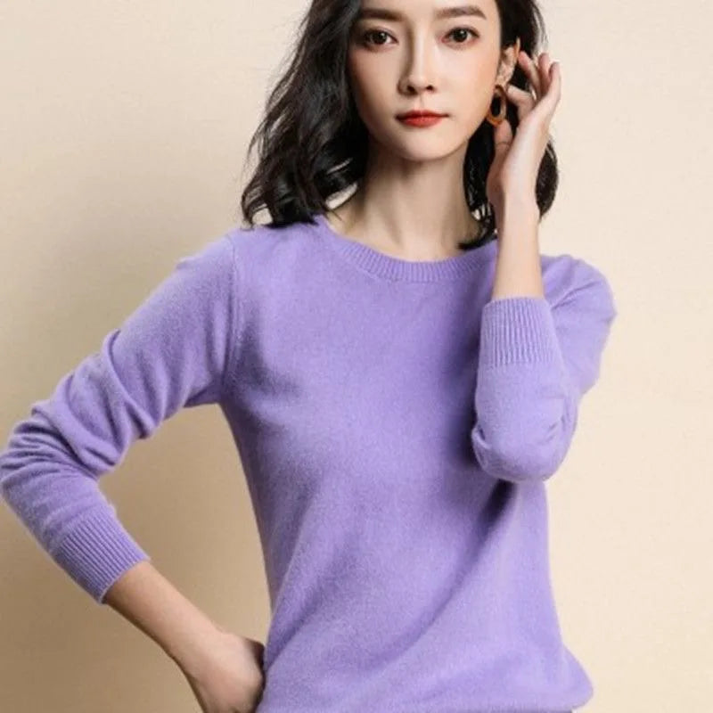Women Sweater O-neck Long-sleeved Solid Knitwear Bottoming Shirt