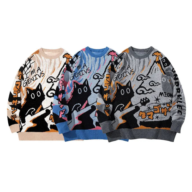 Men's retro cartoon knitted sweater  casual long-sleeved knitted sweater