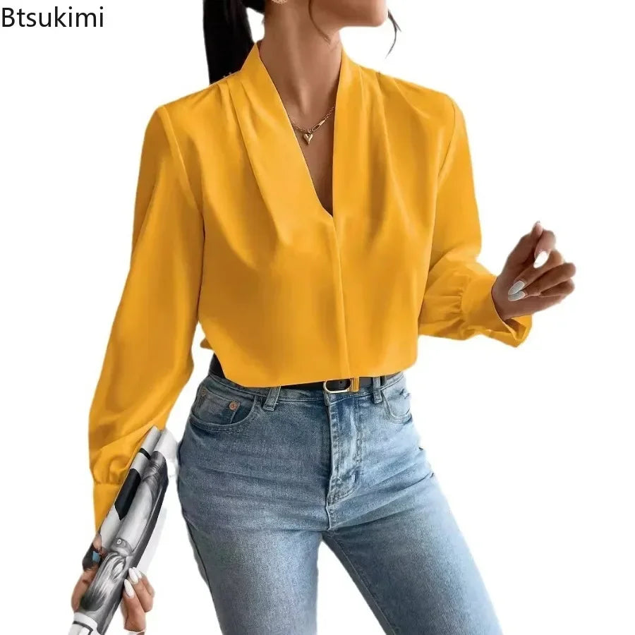 Women's Elegant Blouses Solid Color Long Sleeve V Neck Shirts