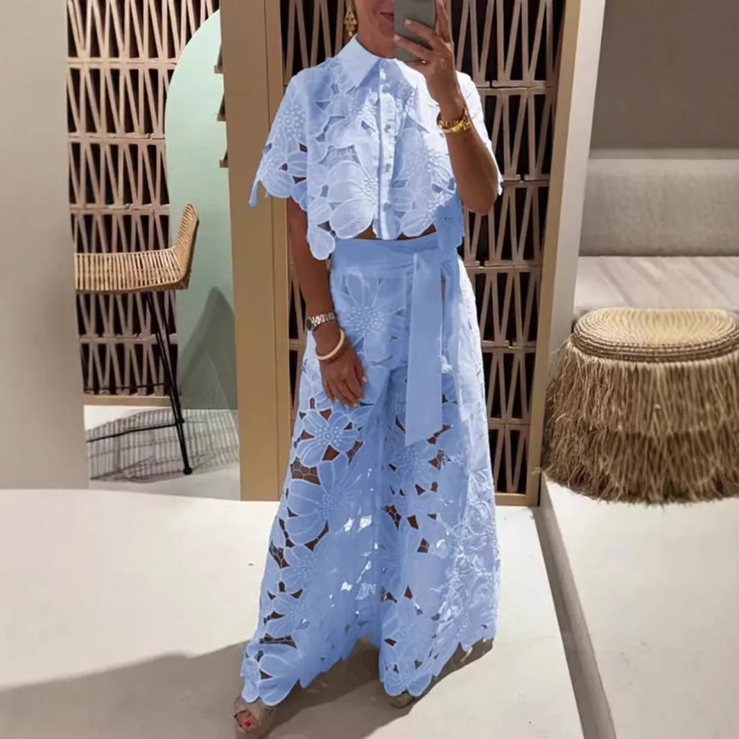 Elegant Women's Sets Sexy Lace Hollow Shirt Short Top + Wide-leg Pants