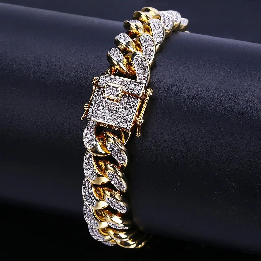 Luxury Iced Out Cuban Link Chain Bracelet for Men Paved Crystal Hip-Hop Jewelry Stainless Steel