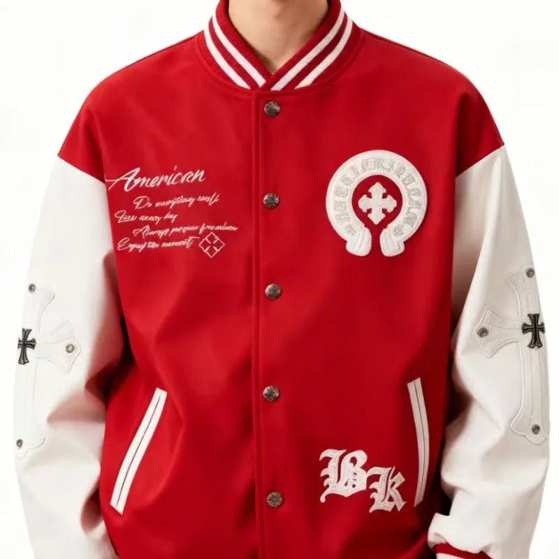 High Street Embroidered Bomber Jacket Men Spliced PU Leather