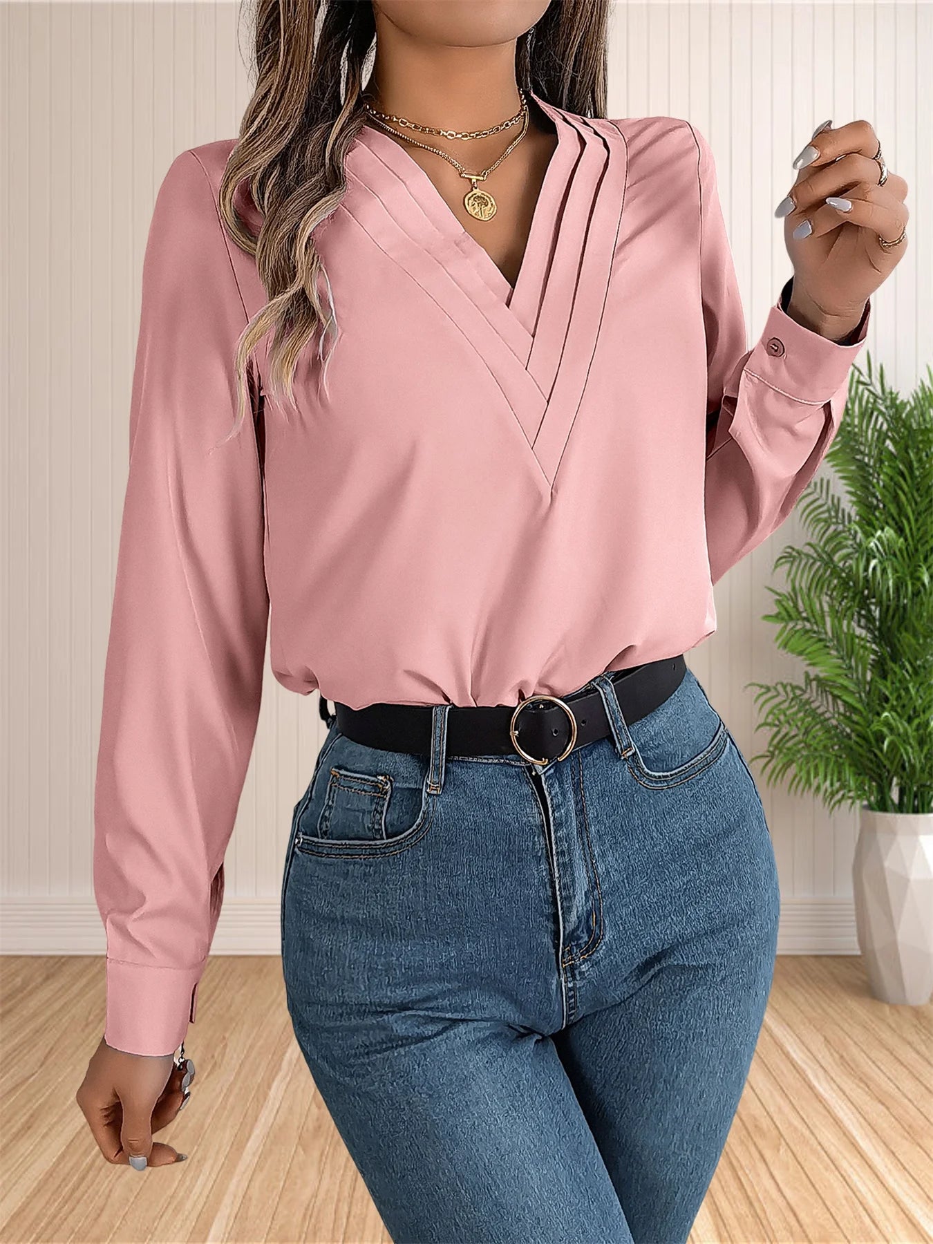 Business Office Blouse Layered V Neck Long Sleeve