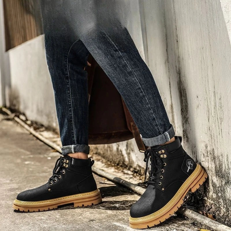 Fashion Men Boots Comfortable Platform Leather Shoes Brown Non-slip Work Boots