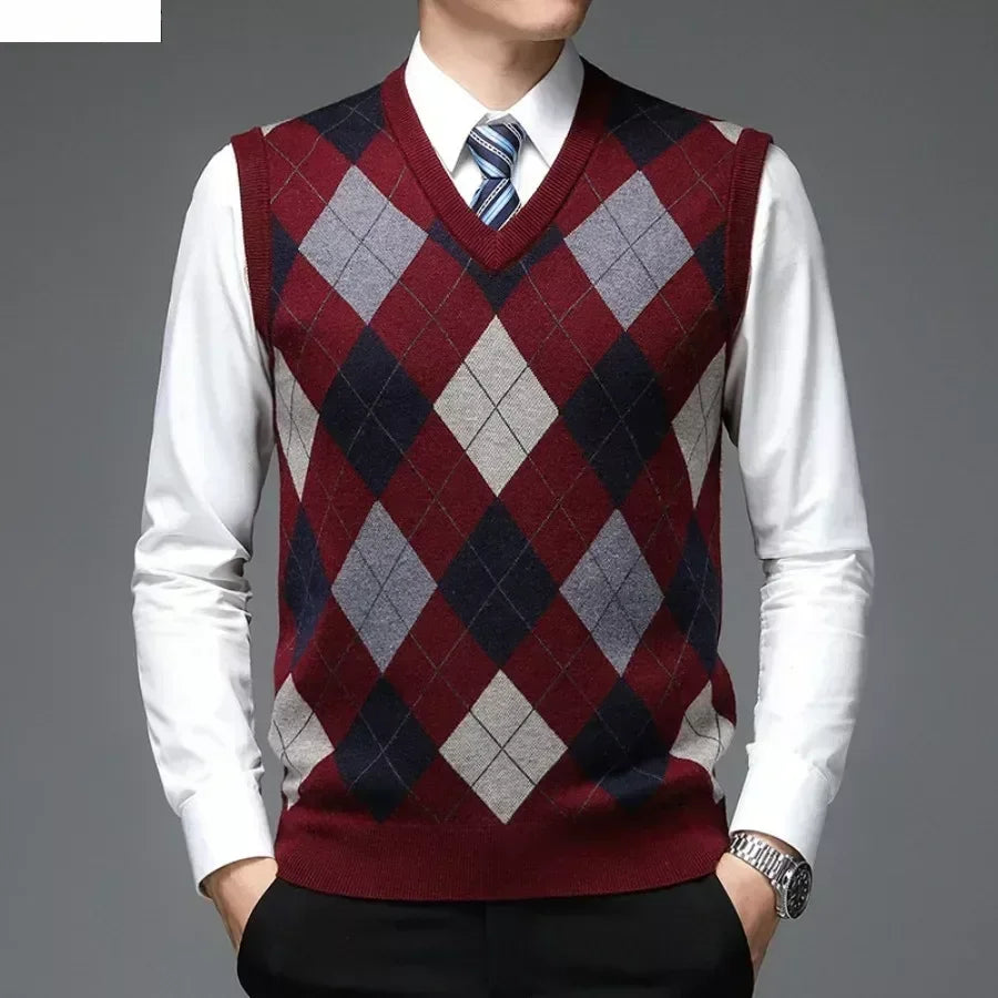 Men's Casual Knitted Wool Sweater Vest V-neck Knit Pullover
