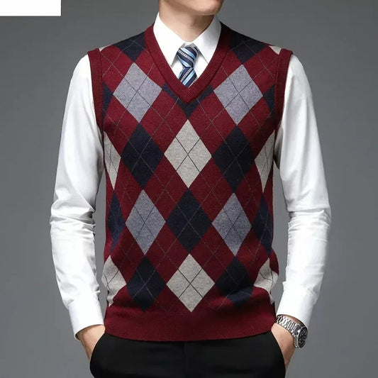 Men's Casual Knitted Wool Sweater Vest V-neck Knit Pullover