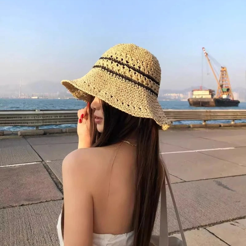 Ladies Floppy Straw Hats Wide Brim Beach Foldable Straw Sun Cap