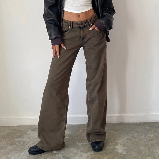 Women's versatile jeans, aesthetic solid color low rise