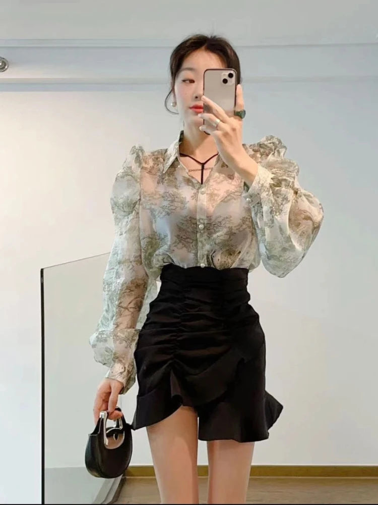 Floral Sweet Blouses for Women Loose Puff Sleeve Turn Down Collar Shirts