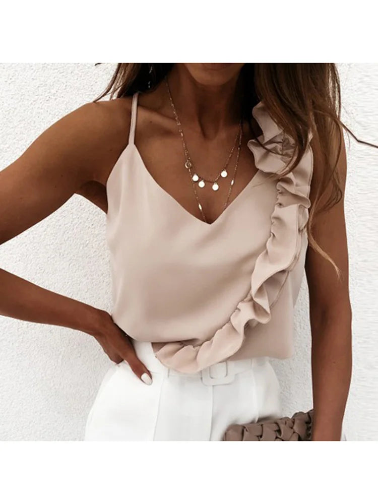 Women Summer Blouse Shirts Sexy V Neck Ruffle Blouses Backless