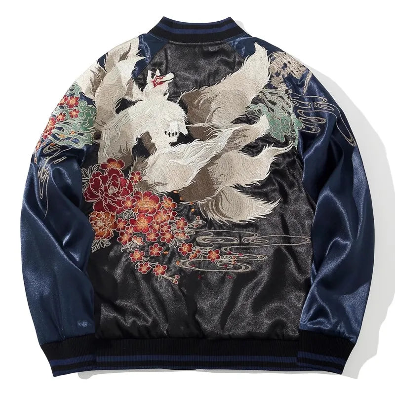 High Street Sukajan Souvenir Jacket Nine Tailed Fox Peony Embroidered Pilot Bomber