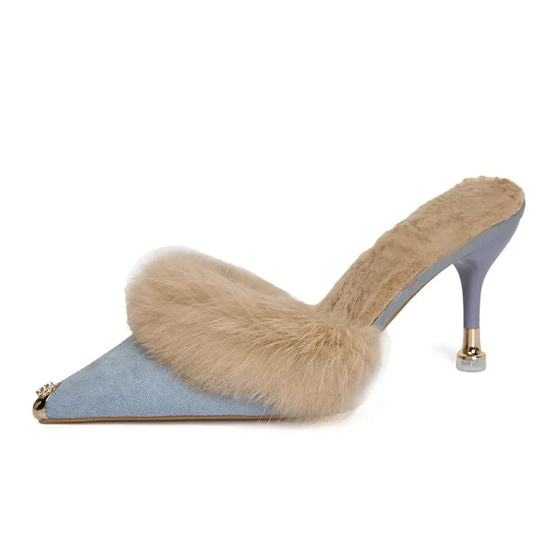 Women High Heel Shoes Fur Slippers Mules Pointed Toe Furry Slides