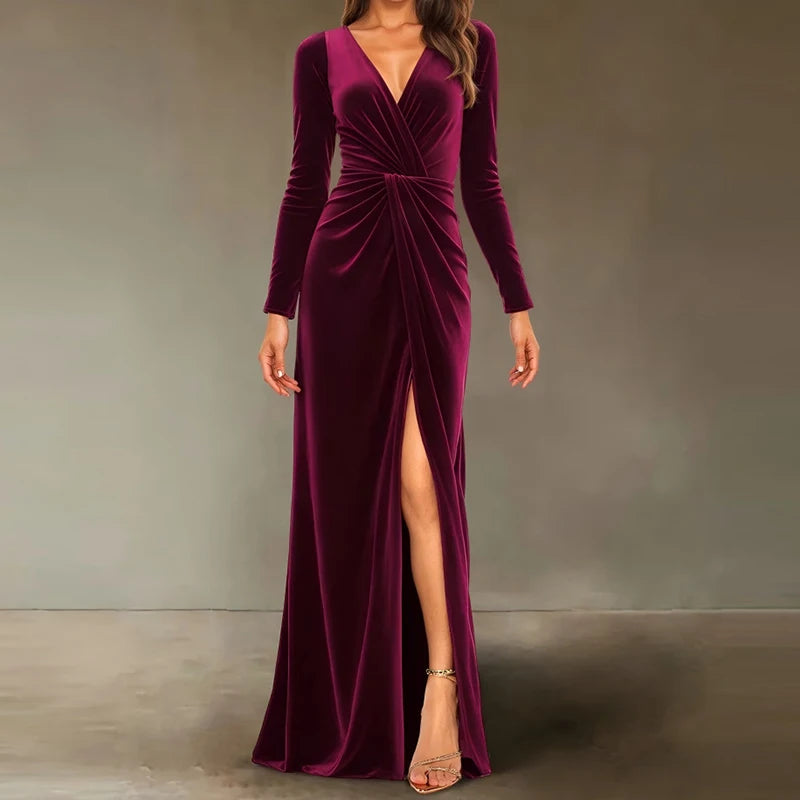 New V-neck Slim Twist High Waist Evening Dress