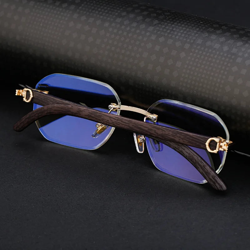 Trendy Rimless Sunglasses for Men Women Frameless Rectangle Wood Frame Sun Glasses