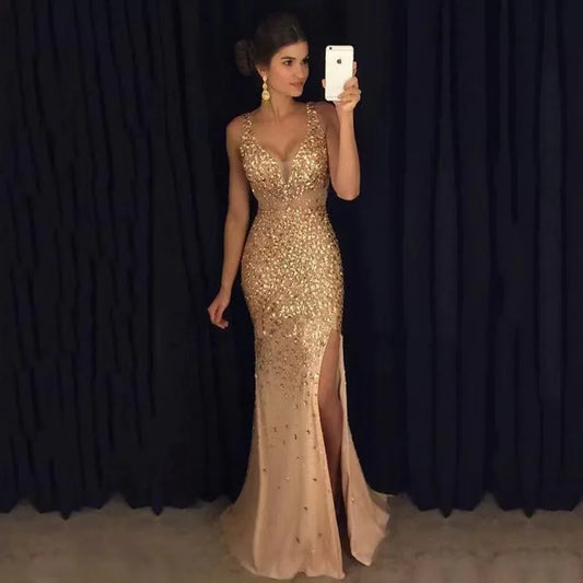New Style New Slit Bronzing Dress Long Skirt Sexy Outfits Women