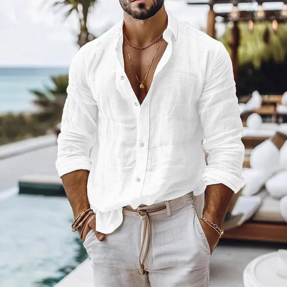 Cotton Linen Shirt for Men Summer Beach Style