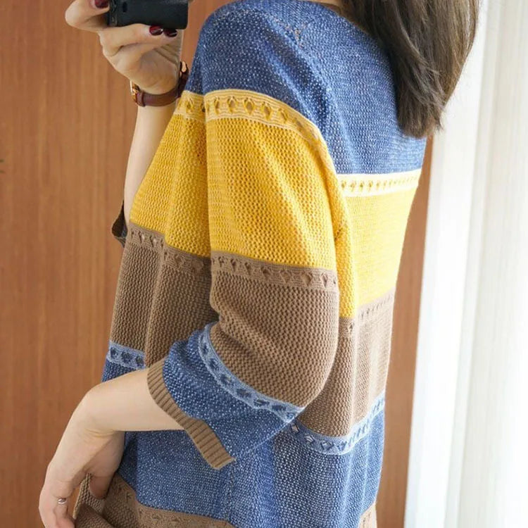 Women's  Round Neck Striped Pullovers Long Sleeve Sweaters