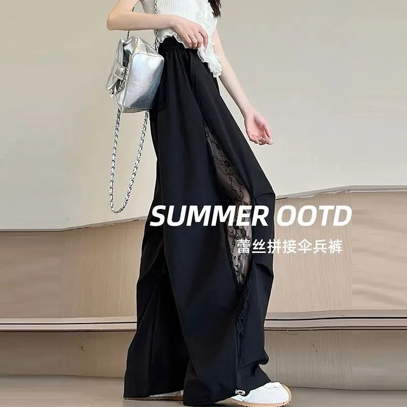 Wide Leg Pants  with Lace Side Panels Elastic Waist