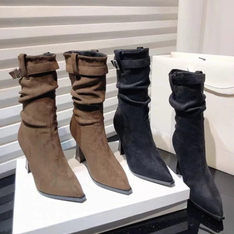 High Heeled Single Boots Women's Fashion Pointed Toe Suede Metal Buckle Anti-slip boots