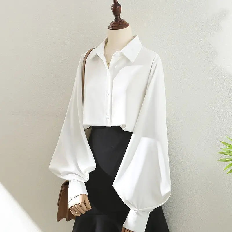 Women White Black Long Lantern Sleeve