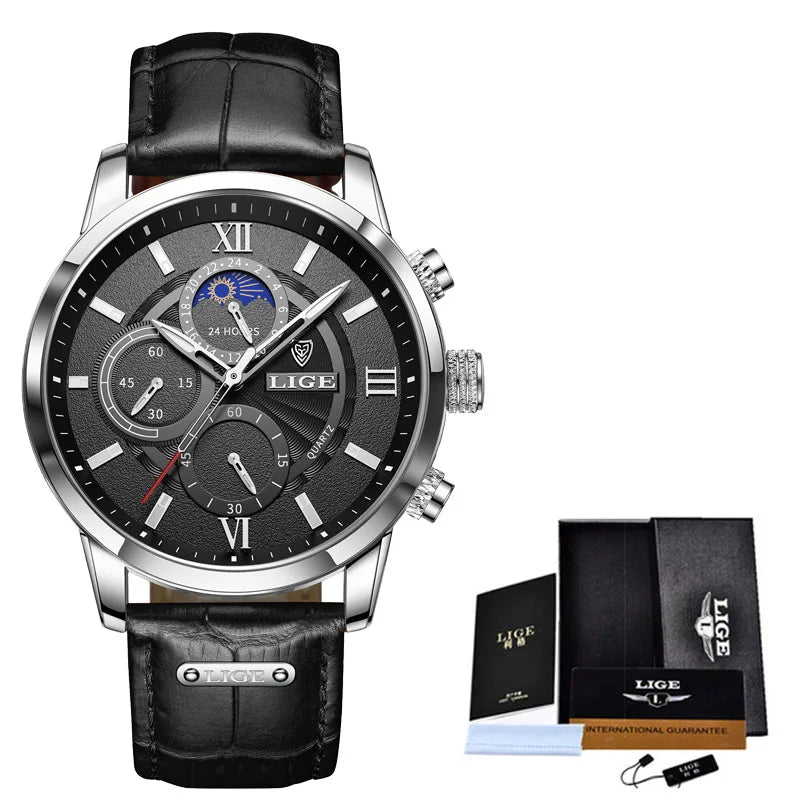 Men's Watches LIGE  WristWatch Leather Quartz Watch Sports Waterproof