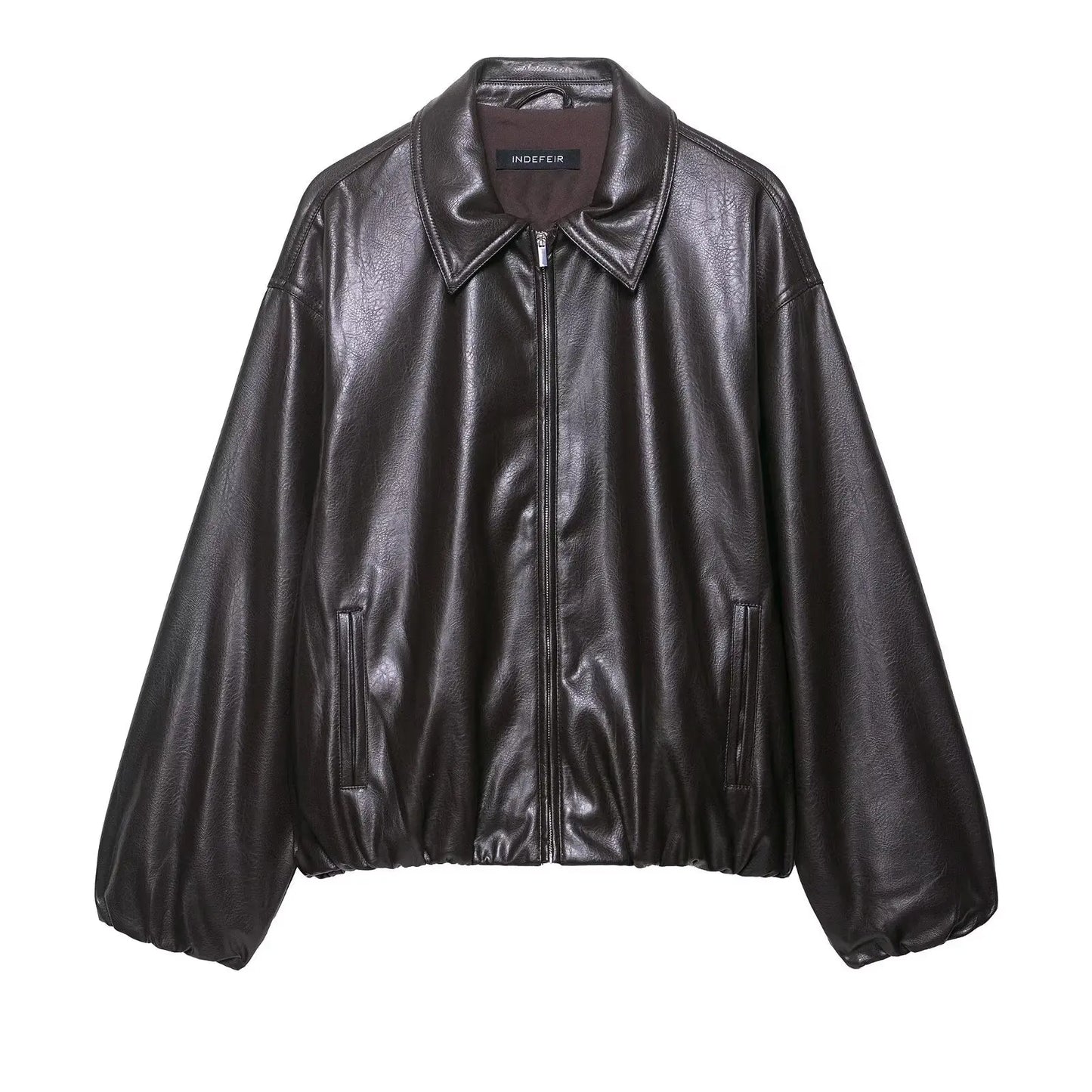 Faux Leather Loose Short Coat Long Sleeve Zipper Jackets