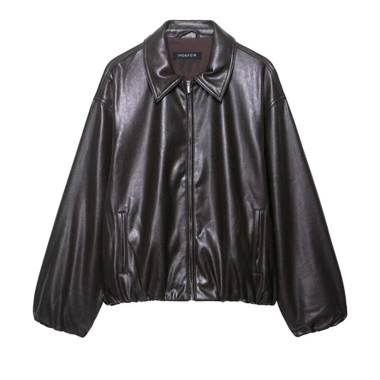 Faux Leather Loose Short Coat Long Sleeve Zipper Jackets