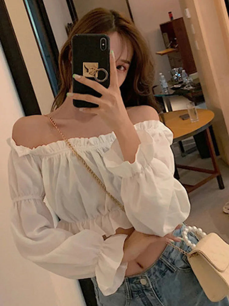 Women Top Sexy Blouse Off Shoulder Top  Puff Sleeve Ruffle Tunic Crop Top