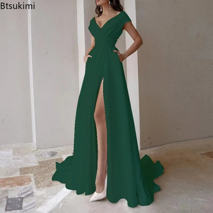 Sexy V-neck Ruffle Solid Mid Waist Temperament Maxi Dress