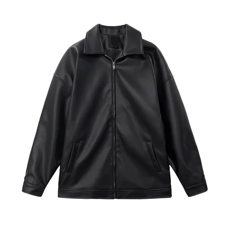 Black PU Leather Oversized Coats Collar Zip-Up