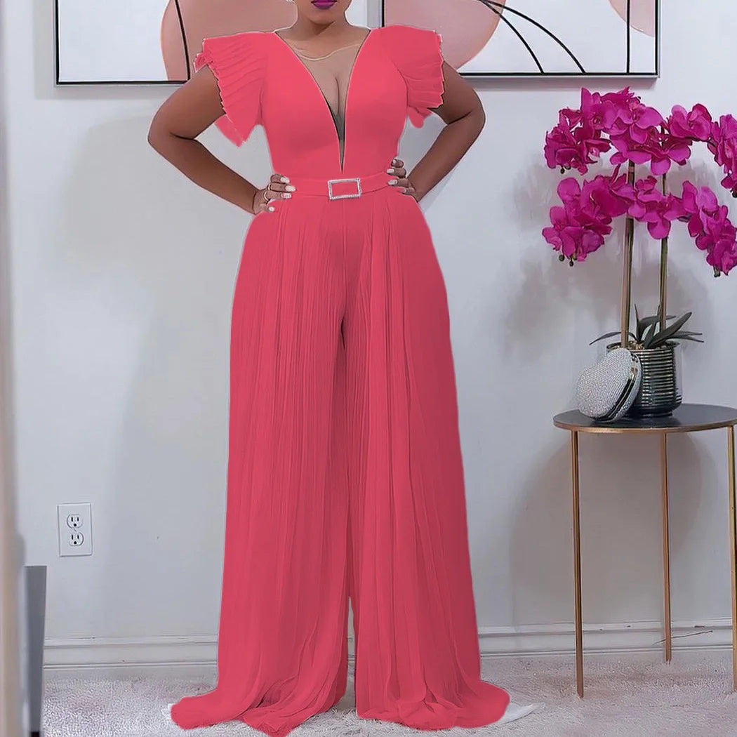 Pleated V neck Jumpsuit for ladies