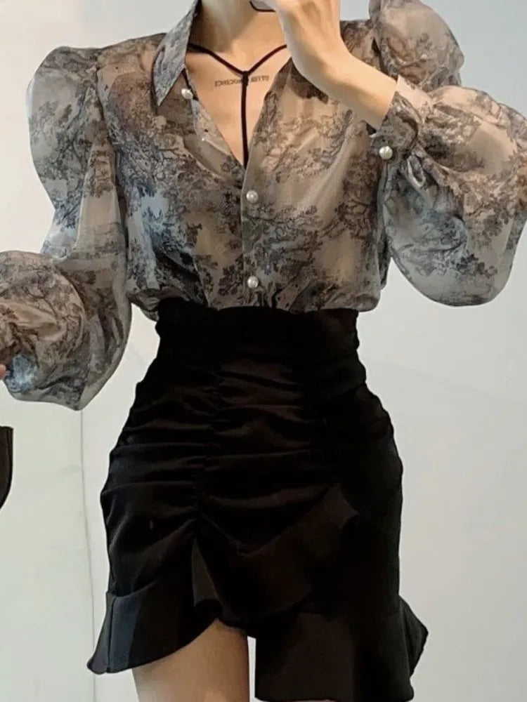Floral Sweet Blouses for Women Loose Puff Sleeve Turn Down Collar Shirts