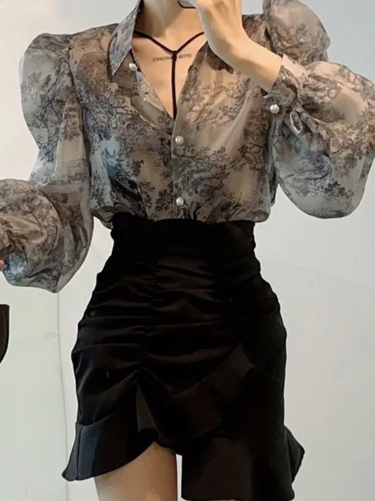 Floral Sweet Blouses for Women Loose Puff Sleeve Turn Down Collar Shirts